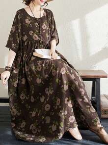 Top, 2025 Lato Nowy Czeski Casual Wear, Damska Casualowa Elegancka Sukienka Wakacyjna, Codzienna Odzież Dla Matki, Damska Plus Size Easy Easy Vintage Okrągły Dekolt Rękawy Duża Sukienka Swing