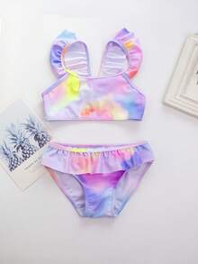 1pc Girls Young Girl Tie-Dye Random Cut Digital Floral Swimsuit With Ruffle Trim, Vacation Beach Pool Swimwear