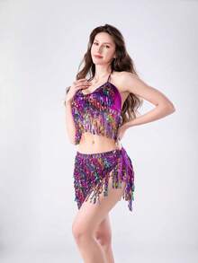 Colorful Sequined Tassel Halter Bra And Waist Chain Set - Belly Dance Stage Show And Nightclub Party - Multicolor - View 4