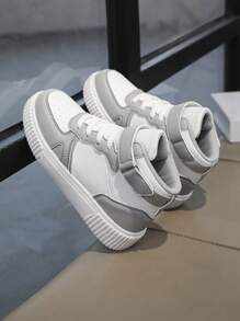 Crianças Novos Sapatos Esportivos Leves Confortáveis de Patchwork Branco e Cinza, Design Minimalista Adequado Para Fitness Infantil, Corrida, Jogos Ao Ar Livre, Solas Macias E Absorventes De Choque, Tênis Casuais De Tamanho Grande