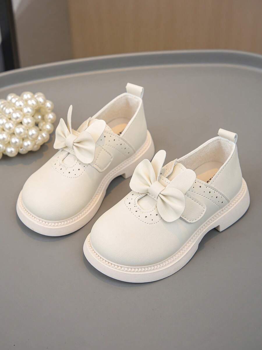1 Pair Toddler Girls' Bow Hook-And-Loop Cute Princess Style Flats, Suitable For Spring - Beige - View 1