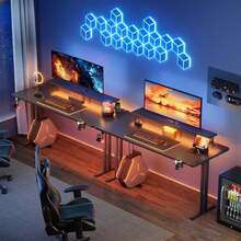 HLDIRECT Gaming Desk With LED Lights & Power Outlet, Computer Gamer Desk With Monitor Stand, Ergonomic Carbon Fiber Gaming Table Home Office Desk With Cup Holder, Headphone Hook & Mouse Pad - Black - View 7