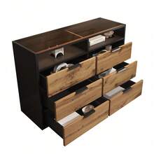 Sideboard With High-Quality Glass And Wood Veneer, 6 Drawers, Stable Structure, Easy To Clean
