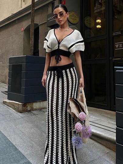 2pcs Set Sexy V-Neck Hollow Out Top And Striped Low-Waist Long Skirt