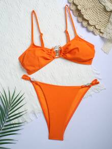 Elegant Round Ring Solid Color Slimming Sexy Padded Women's Bikini - Orange - View 6