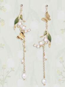 2 pares de pendientes de metal con mariposas, lirios del valle y fleco de hoja, de estilo elegante, dulce, romántico y delicado, adecuados para el uso diario, vacaciones y fiestas de las mujeres
