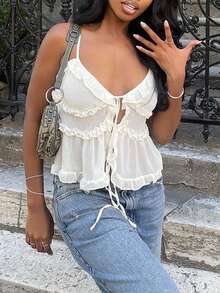 Women's Fashionable Versatile Summer Camisole Top With Ruffle Hem - trắng - Xem 2