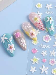 قطعة واحدة من ملصق الأظافر ذو البعد الخامس بتصميم أزهار البحر الصيفية ذات البتلات الوردية والصدف والنجوم البارزة، تزيين فني لأظافر منعم وكاواييي ذاتي اللصق، مستلزمات فن الأظافر DIY