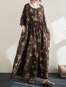 Top, 2025 Lato Nowy Czeski Casual Wear, Damska Casualowa Elegancka Sukienka Wakacyjna, Codzienna Odzież Dla Matki, Damska Plus Size Easy Easy Vintage Okrągły Dekolt Rękawy Duża Sukienka Swing