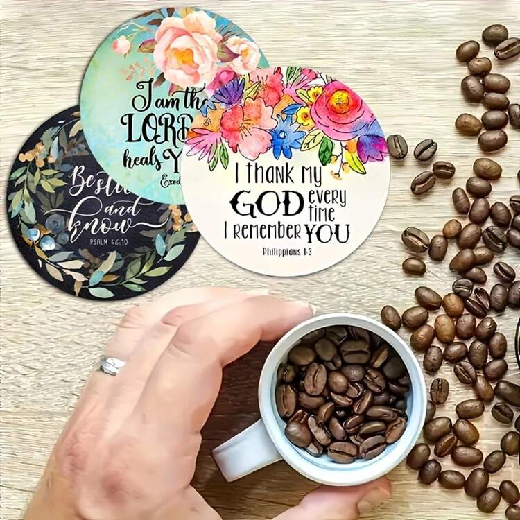 6 件套励志木制杯垫 - 圣经诗句、信仰和精神图案，适合咖啡、茶、饮料 - 非常适合家居装饰、乔迁礼物 - 彩色 - 查看 4
