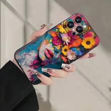 Flower 1pc Black Matte Lens Protection Floral Portrait Pattern Phone Case, Personalized Compatible With Iphone 16 ProMax, 15/14 Plus, 13, 12, 11 And Series Waterproof Shockproof Anti-Fall Scratch Resistant