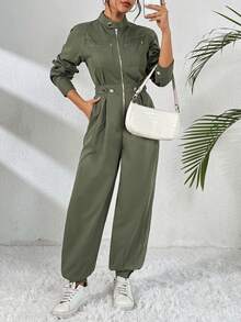 Mono Palazzo estilo urbano largo liso casual para mujer de moda - Verde militar - Ver 1