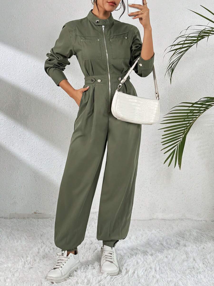Mono Palazzo estilo urbano largo liso casual para mujer de moda - Verde militar - Ver 1