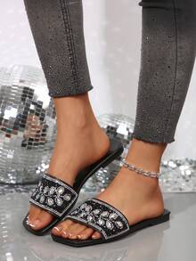 Plus Size 41 Women's Flat Slippers With Embossed Pattern, Square Toe Spring/Summer New, Fashionable Rhinestone Sandals, Suitable To Pair With Dresses To Look Taller - Black - View 2