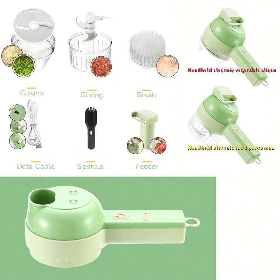 Portable 4-In-1 Multifunctional Electric Food Processor With Rechargeable 1200mAh Lithium Battery, USB Dual Charging, Easy To Clean Stainless Steel Blades, Wireless Meat Grinder & Vegetable Cutter, Compact Kitchen Prep Tool - Green