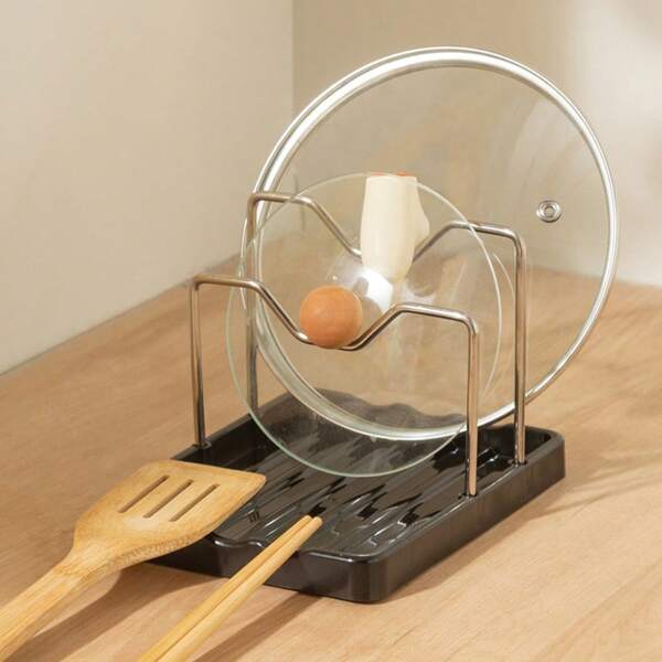 1 Peça Suporte para Colheres com Suporte para Tampa - Organizador de Tampa de Panela com 2 Prateleiras, Suporte para Tampa de Panela e Colher para Bancada de Cozinha, Suporte para Colheres para Fogão, Suporte de Utensílios de Cozinha Multiuso para Cozinhar