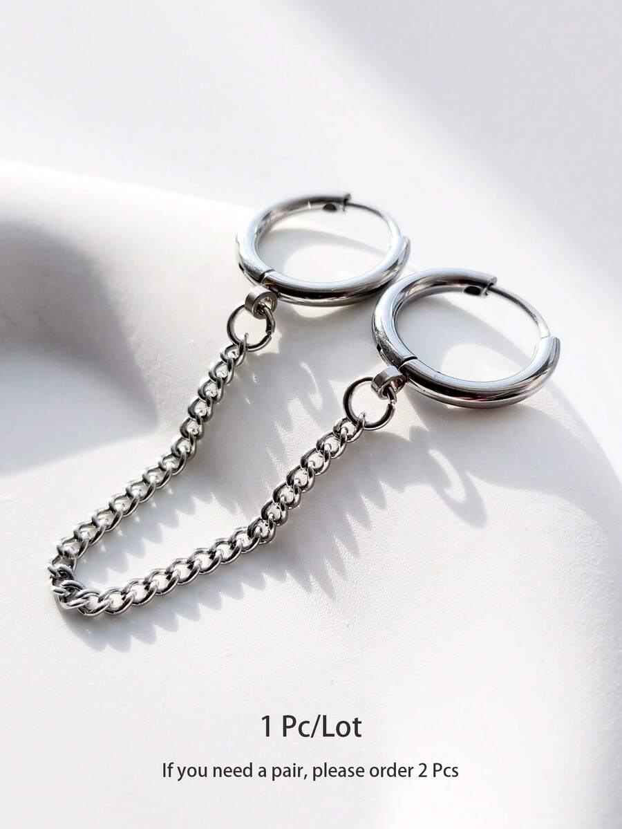 One Silver Minimalist Side Chain Double Piercing Stainless Steel Ear Cuff - Silver - View 1