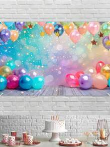 1pc 150*100cm Color Balloon Pattern Polyester Background Cloth, Color Balloon Theme Birthday Babe Shower Party Room Wall Background Decoration, Family Holiday Party Home Backdrop Decoration, Indoor Outdoor Fence Banner Decoration Hanging Cloth Fabric, Photography Props, Party Favor