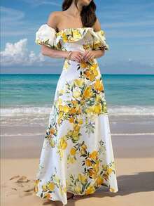 女装夏季优雅水果印花单肩弹力蕾丝泡泡袖派对精致轻熟风气质修身淑女法式复古节日风印花优雅情人节礼物毕业季节日女装连衣裙长裙 - 彩色 - 查看 4