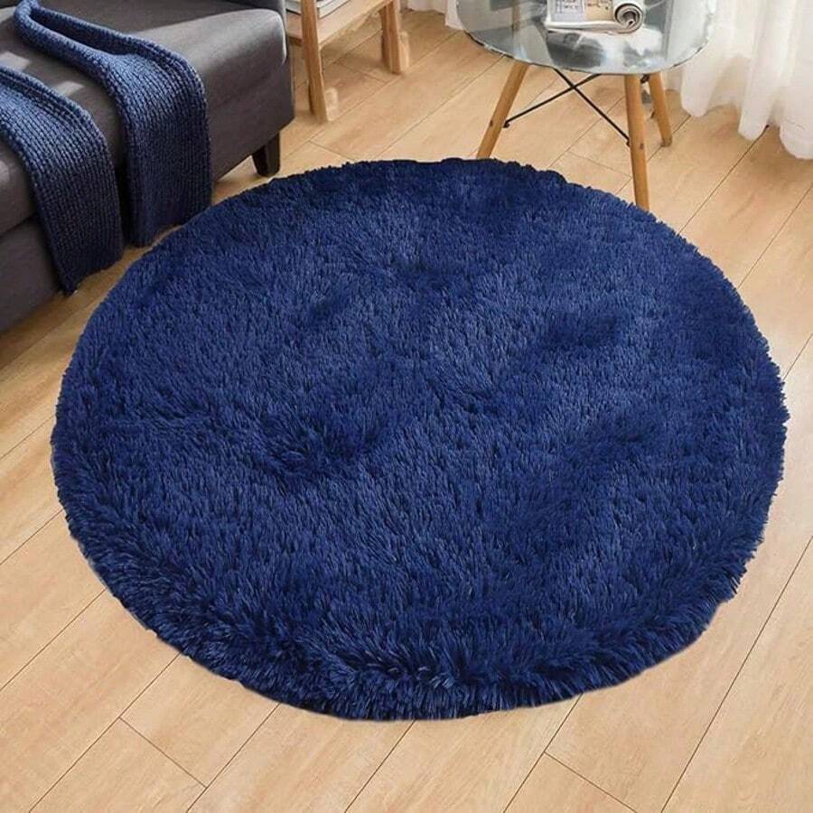 Teppiche, rund, weich, zottelig, fusselfrei, rutschfest, modern, für drinnen und draußen, flauschige Teppiche, für Wohnzimmer, Schlafzimmer, Kinderzimmer, runder Teppich (Dunkelblau, 150 x - Dunkelblau - Übersicht 1