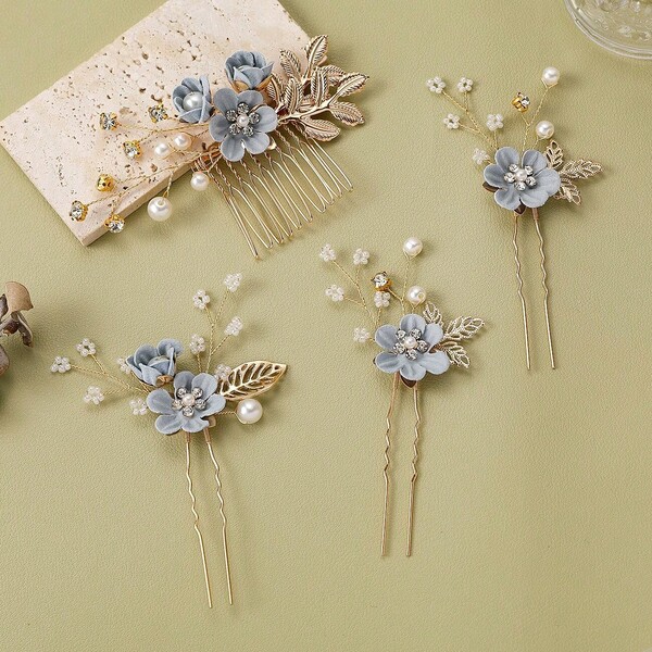 4pcs/Set Women Golden Alloy Leaf Hairpin, Fabric Flower Hair Clip With White Pearl & Rhinestone Bridal Wedding Hair Accessories