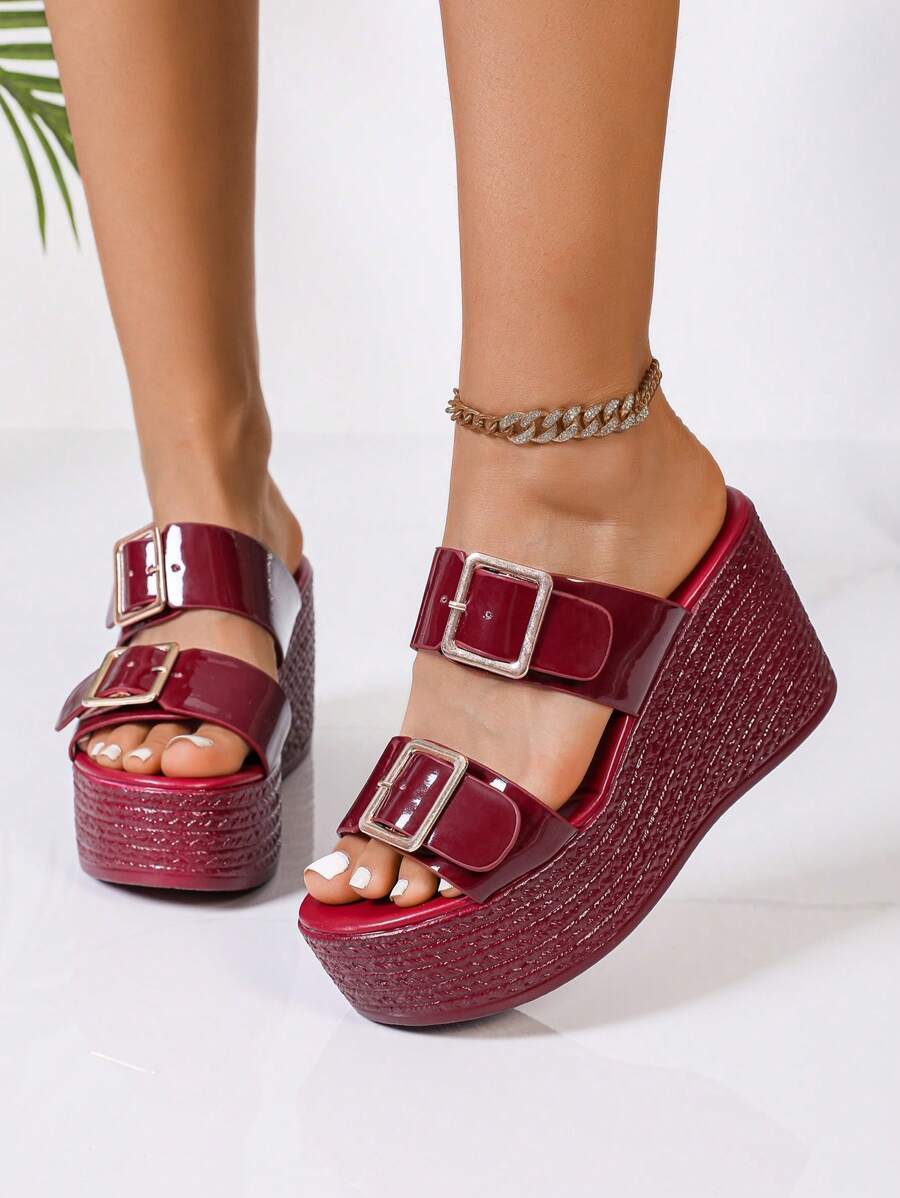 Nuevas sandalias de tacón alto y plataforma antideslizante para mujeres, de tacón grueso y punta abierta, de color burdeos brillante, zapatos de cuña de verano con suela gruesa