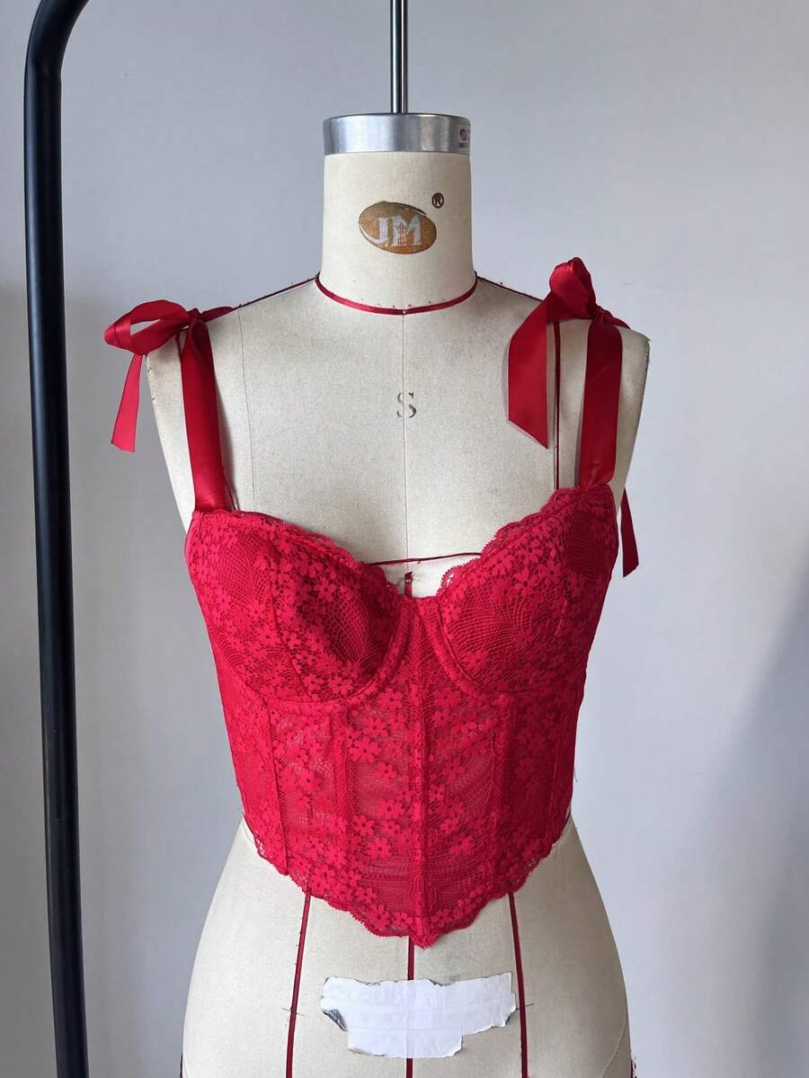 Apperloth A Vintage Floral Lace Tie Shoulder Lace Up Back Backless Boned Bustier Corset Shapewear Crop Top - 紅色 - 查看 1