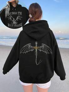 Women's Casual Fourth Wing Print Hooded Long Sleeve Sweatshirt Black Spring - Black - View 5