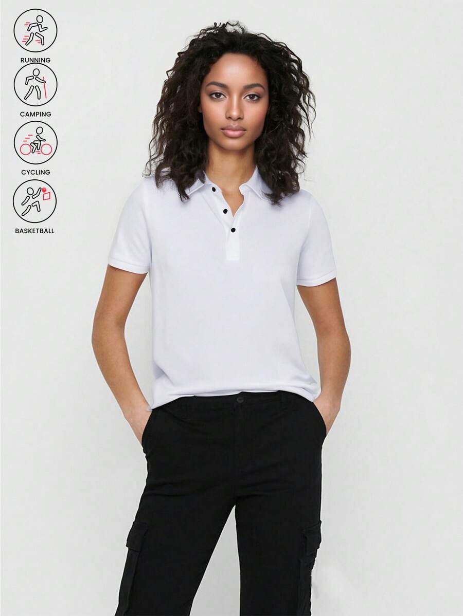 夏季短袖T恤女纯色简约户外运动休闲上衣冰丝POLO衫清凉感 - 白色 - 查看 1