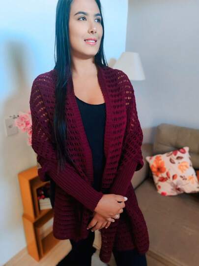Poncho Kimono Feminino Tricot Trama Royale Elegance Style Detalhes Crochê Vasado Casual RS Malhas