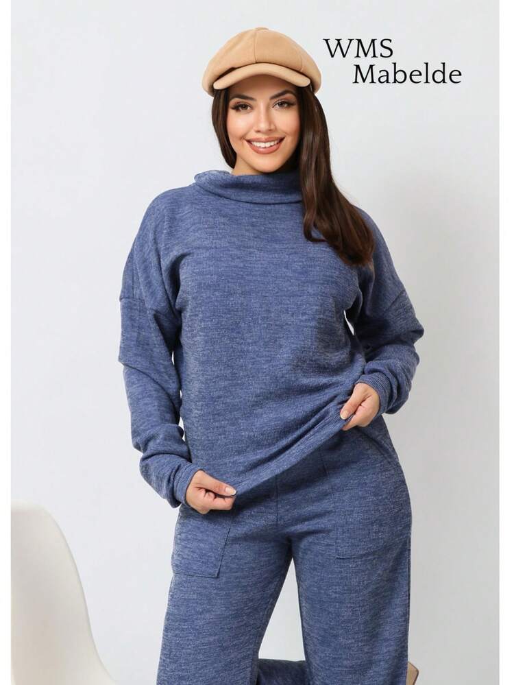 WMS Women's Woolen Ribbed Crew Neck Pants Set SimpleElegantCasualCutePocket - Màu xanh lam - Xem 1