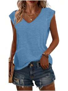 3 camisetas de manga corta de unicolor con cuello en V, camisetas casuales para mujer