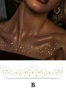 1 片闪闪发光的金色身体纹身贴纸，Ins 风格临时纹身，复古防水自粘身体化妆贴纸，蝴蝶和星形图案设计，适用于派对装饰、狂欢节、万圣节、婚礼装扮、角色扮演服装道具、夜总会装饰、Y2k、音乐节、生日派对装扮、化妆道具、拍照道具、日常装扮配饰、面部装饰贴纸、派对化妆舞会装扮道具 - 彩色 - 查看 4