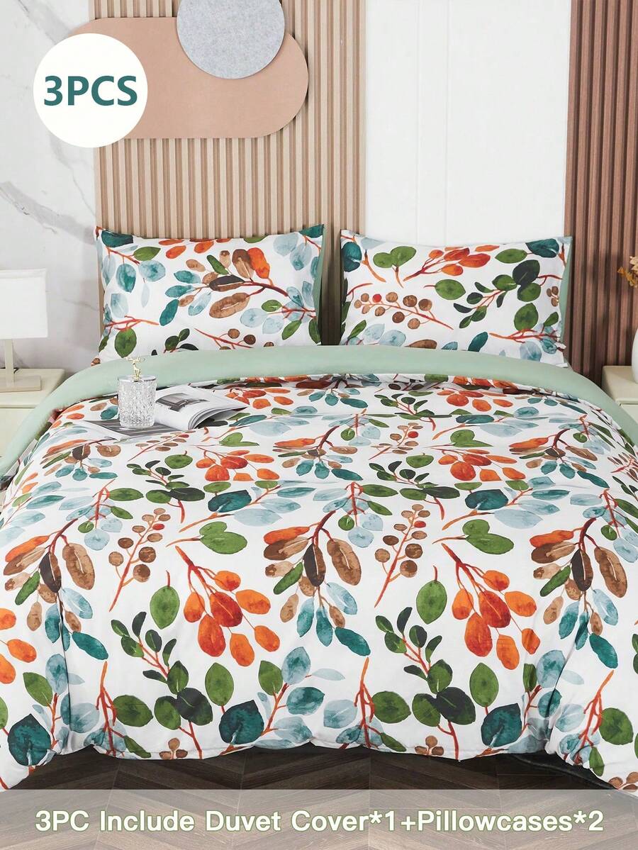 3pcs Green Leaf Pattern Bedding Set, Includes Zipper Duvet Cover + 2 Pillowcases, Refreshing & Comfortable 100% Polyester Fabric, Suitable For Bedroom, Travel, Dorm (Boys & Girls)