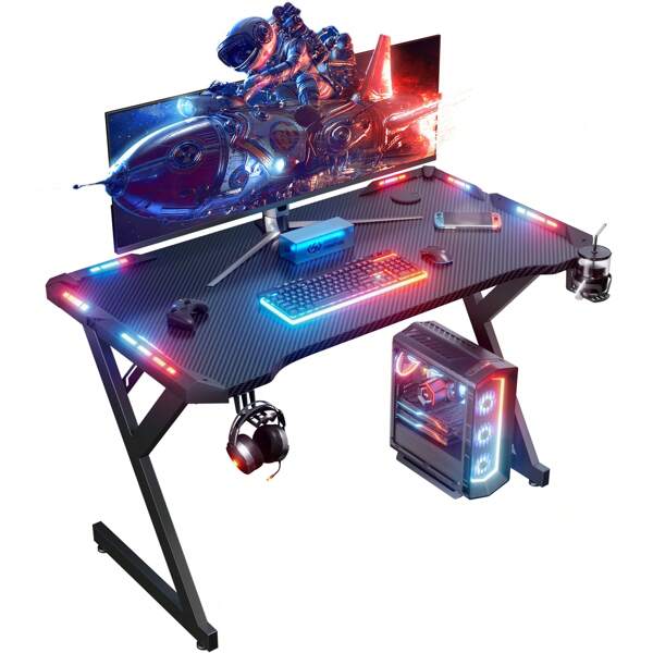 HLDIRECT Gaming Desk With LED Lights, Ergonomic Computer Gaming Table With Carbon Fibre Surface, Sturdy PC Workstation Desk For Gaming And Home Office With Headphone Hook, Cup Holder, Black