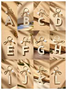 Alloy Letter Acrylic Inlay Keychain, Faux Pearl Shell Pendant Bag & Jeans Accessory, Gift For Friends And Classmates - Golden - View 2