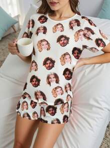 2pcs Customized Women Short Sleeve Shorts Pajama Set, With Personalized Photo, Portrait, Caricature Face Replacement, Lightweight Breathable Comfortable Fabric, Gift For Friends, Lovers, Partners, Party, Birthday, Christmas, Mother's Day, Includes 1 Eye Mask