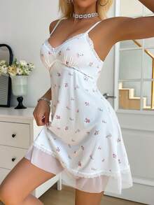 1pc Women Flower Print Lace Trim Comfortable Nightgown - White - View 5