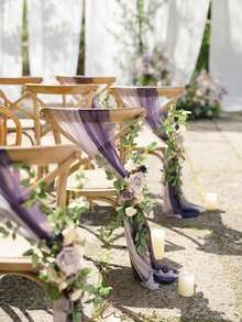 3pcs/Set Wedding Chair Decorations Aisle Pew Artificial Flowers With 2Pcs 98.4in Hanging Chiffon Fabric Cream For Ceremony Reception Floral Faux Backdrop Rose Arrangement Party Outdoor Decor, Wedding Stairway Flowers Decoration For Wedding Decoration, Valentine's Day Decor, Birthday Decor, Anniversary Decor, Holiday Decor, Graduation Decoration, Party Decor Spring Decorations - 紫色 - 查看 1