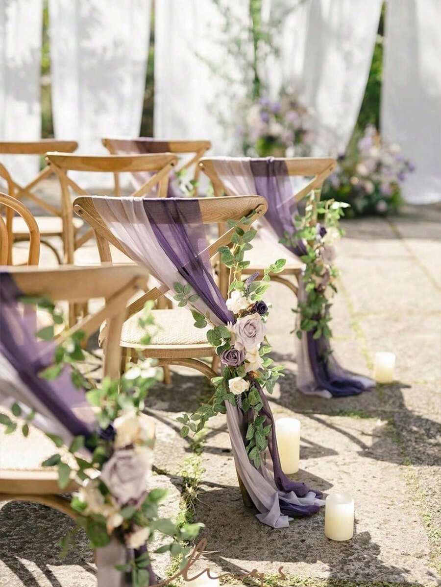 3pcs/Set Wedding Chair Decorations Aisle Pew Artificial Flowers With 2Pcs 98.4in Hanging Chiffon Fabric Cream For Ceremony Reception Floral Faux Backdrop Rose Arrangement Party Outdoor Decor, Wedding Stairway Flowers Decoration For Wedding Decoration, Valentine's Day Decor, Birthday Decor, Anniversary Decor, Holiday Decor, Graduation Decoration, Party Decor Spring Decorations - 紫色 - 查看 1