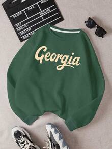Georgia Vintage Script Graphic Print Women's Oversize Sweatshirt, Sudadera Para Mujer Con Estampado De Caligrafía Vintage De Georgia, Comfort Fit Crew Neck Top, State Pride Sweatshirt Suitable For Georgia Locals & Retro Style Fans - 綠色 - 查看 1