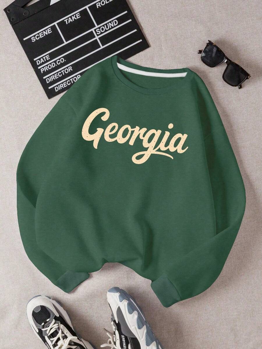Georgia Vintage Script Graphic Print Women's Oversize Sweatshirt, Sudadera Para Mujer Con Estampado De Caligrafía Vintage De Georgia, Comfort Fit Crew Neck Top, State Pride Sweatshirt Suitable For Georgia Locals & Retro Style Fans - 綠色 - 查看 1