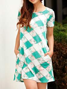 Boho Retro Rayon Cool Soft Summer Cuff Short Sleeve Crew Neck T Shirt Mini Dress Tunic With Pockets - 淺綠色 - 查看 2