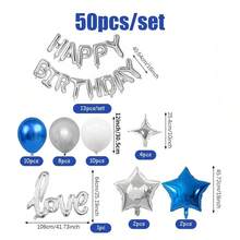 50pcs Blue+Silver Birthday Party Decoration Set, Equipped With Silver Happy Birthday Balloon Banner, Latex Balloons, Love Balloons, Suitable For Blue+Silver Themed Birthday Party Supplies, Men's And Women's Birthday Party Decorations - 銀+藍色 - 查看 3