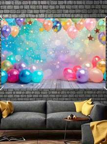 1pc 150*100cm Color Balloon Pattern Polyester Background Cloth, Color Balloon Theme Birthday Babe Shower Party Room Wall Background Decoration, Family Holiday Party Home Backdrop Decoration, Indoor Outdoor Fence Banner Decoration Hanging Cloth Fabric, Photography Props, Party Favor