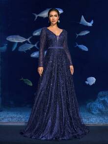 Faeriesty Haute Glamour Elegant V-Neck Long-Sleeve Beaded A-Line Evening Gown With Back Tie Closure – Perfect For Black-Tie Galas, Red Carpet Events, Gala Dinners, Opera Premiers & Luxury Wedding Receptions - Navy Blue - View 8