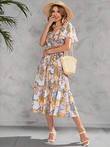 Vestido Largo Con Estampado De Flores Para Mujer,Vestido De Verano Con Escote En V Profundo y Manga Con Volantes - Amarillo - Ver 3