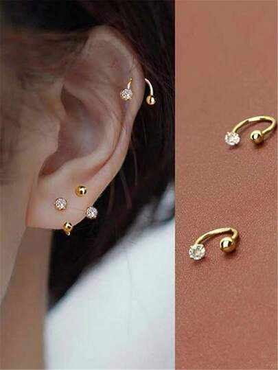 2pcs Minimalist Gold-Tone Stainless Steel C-Shaped Stud Earrings With Cubic Zirconia, Suitable For Women's Daily Wear