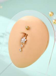 1pc Fashion Personalized Gold Stainless Steel Rhinestone Decorated Flower Tassel Navel Piercing, Women Body Jewelry