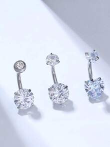 4pcs Rhinestone Decor Simple Navel Rings Stainless Steel Navel Piercing Jewelry For Women - Three Silver - View 12